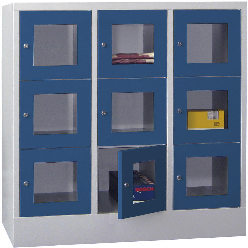 Schließfachschrank CLASSIC mit Sichtfenstertüren | Enzianblau RAL 5010 | 400 | 3 | 9