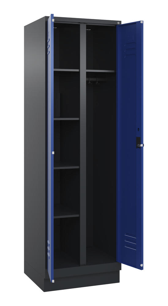 Kleider- u. Wäscheschrank, mit Sockel | Enzianblau RAL 5010 | mit Sockel | Schwarzgrau RAL 7021 | 300