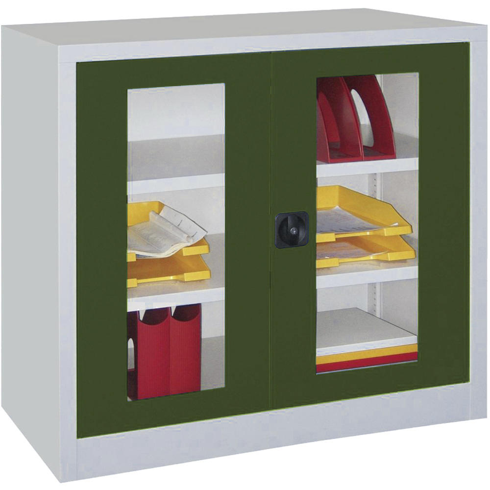 Materialschrank mit Sichtfenstertüren | Resedagrün RAL 6011 | 1000 | 1000 | 400 | Lichtgrau RAL 7035