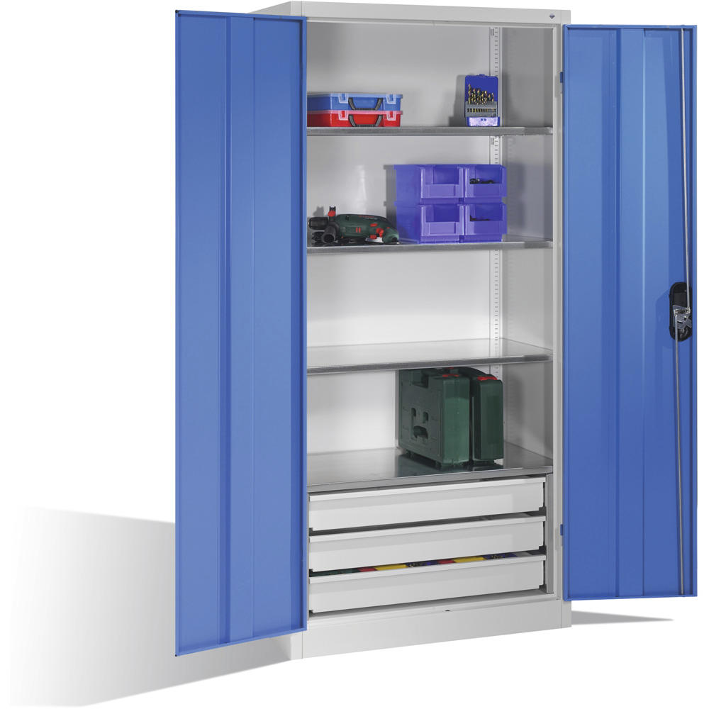 Flügeltüren-Stahlschrank SYSTEM TMF 110 | Lichtblau RAL 5012 | 1950 | 930 | 500 | Schubladenblock unten