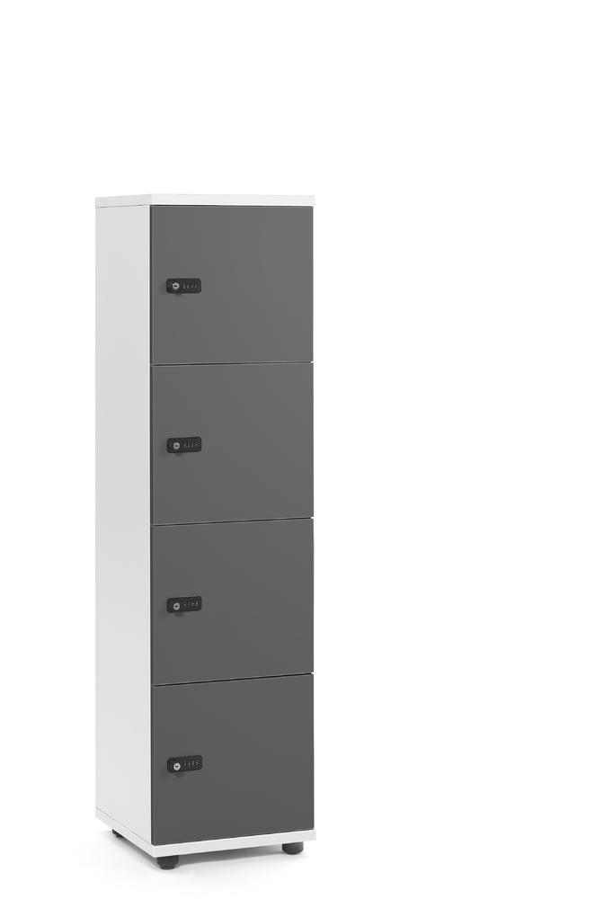 Schließfachschrank OFFICE-LINE mit 4 Fächern | Grau | ohne Posteinwurf | Weiß | Mechanisches Zahlen-Kombinationsschloss