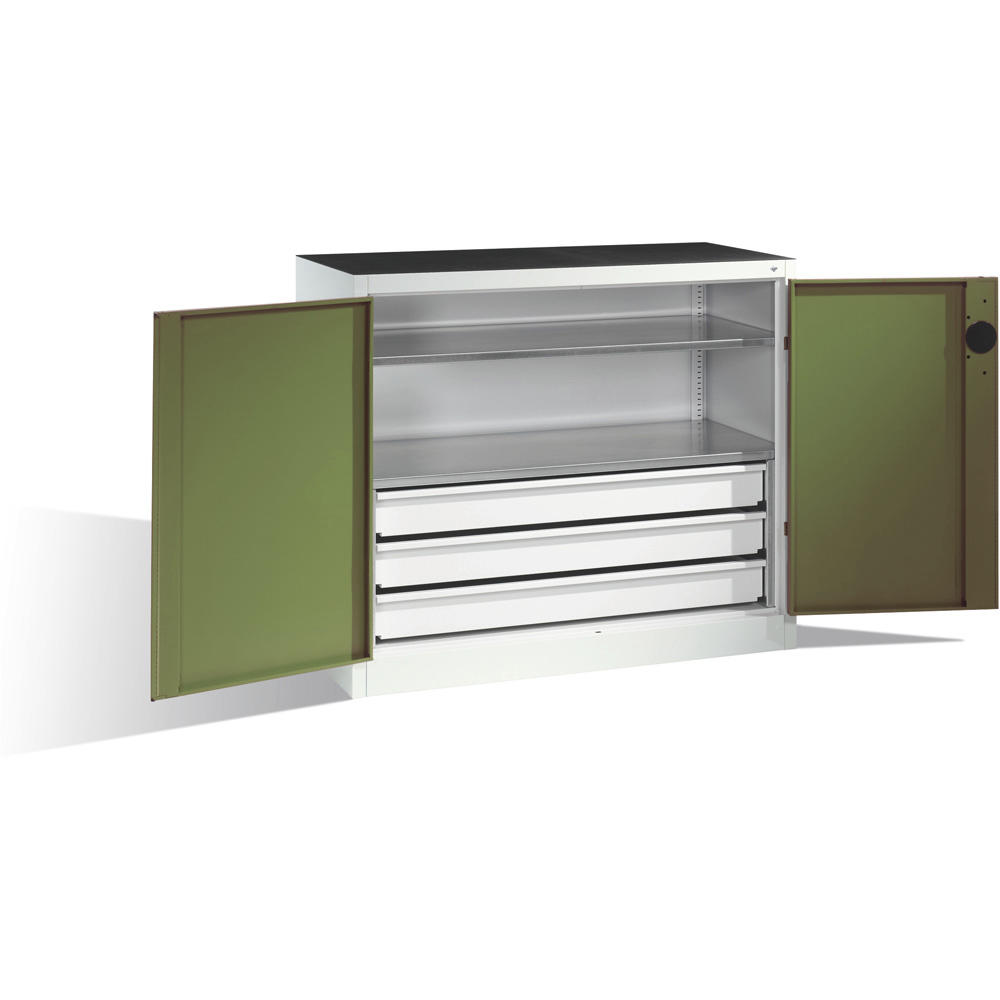 Flügeltüren-Stahlschrank SYSTEM TMF 110 | Resedagrün RAL 6011 | 1000 | 1200 | 500 | Schubladenblock unten
