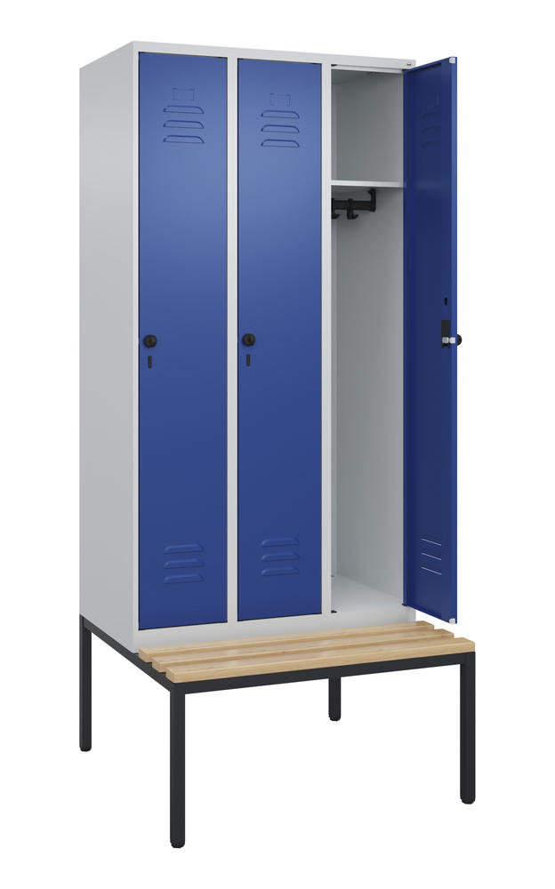 Garderoben-Stahlspind CLASSIC PLUS, mit Sitzbank | Enzianblau RAL 5010 | mit untergebauter Sitzbank, Holzleisten | Lichtgrau RAL 7035 | 300 | 3