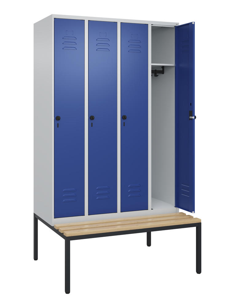 Garderoben-Stahlspind CLASSIC PLUS, mit Sitzbank | Enzianblau RAL 5010 | mit untergebauter Sitzbank, Holzleisten | Lichtgrau RAL 7035 | 300 | 4