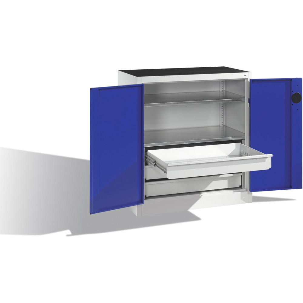 Flügeltüren-Stahlschrank SYSTEM TMF 110 | Enzianblau RAL 5010 | 1000 | 930 | 500 | Schubladenblock unten