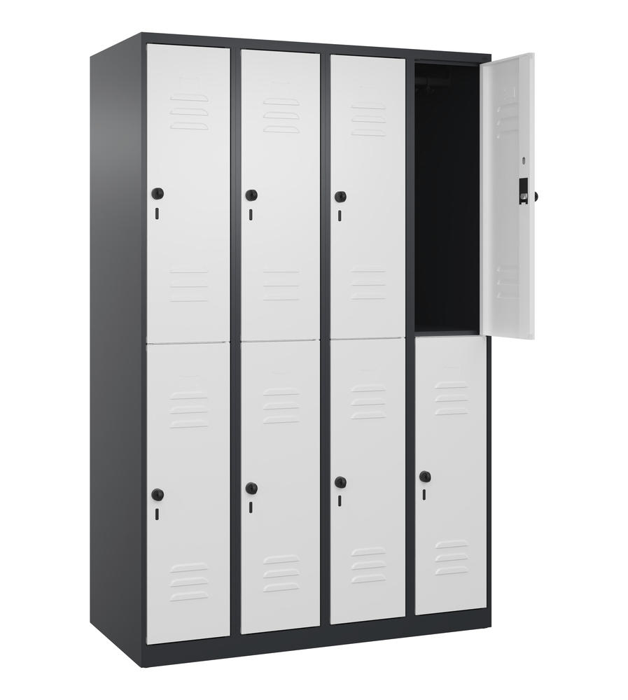 Doppelstöckiger Spind CLASSIC PLUS, bodenstehend | Verkehrsweiß RAL 9016 | Bodenstehend | Schwarzgrau RAL 7021 | 300 | 4