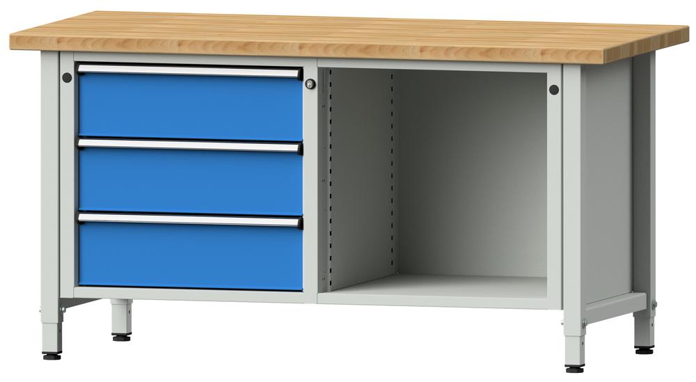 Werkbank SERIE ERGO | Lichtblau RAL 5012 | 3 Schubladen + 1 Fach | Buche-Massiv-Arbeitsplatte