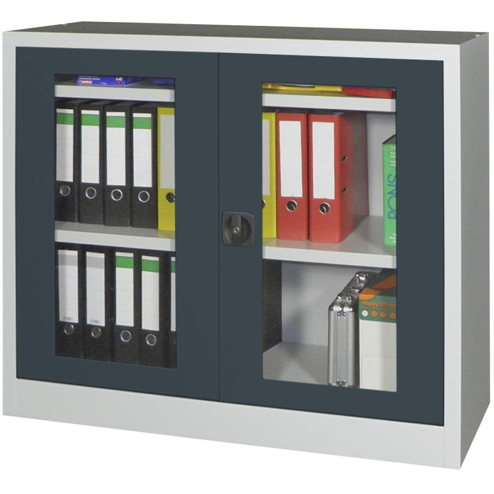 Materialschrank mit Sichtfenstertüren | Anthrazitgrau RAL 7016 | 1000 | 1200 | 600 | Lichtgrau RAL 7035
