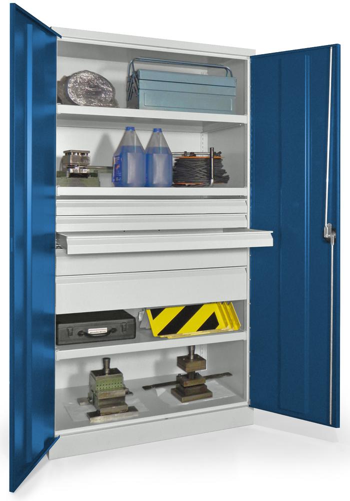Schwerlastschrank ohne Mitteltrennwand | Enzianblau RAL 5010 | 1040 | 5 Schubladen: 3xH75, 1xH125, 1xH175 mm