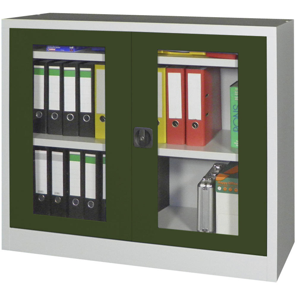 Materialschrank mit Sichtfenstertüren | Resedagrün RAL 6011 | 1000 | 1200 | 600 | Lichtgrau RAL 7035