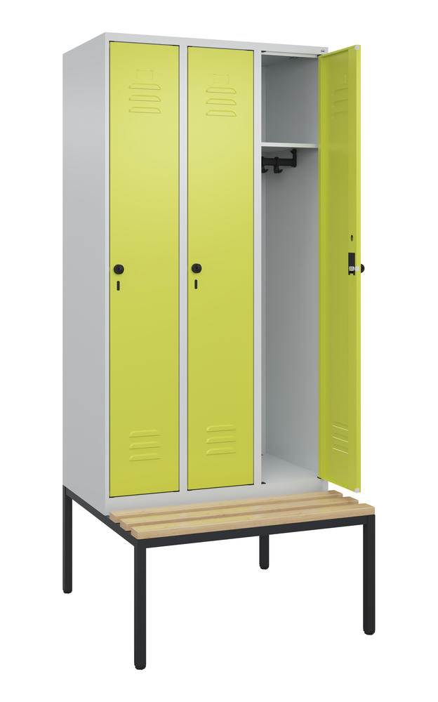 Garderoben-Stahlspind CLASSIC PLUS, mit Sitzbank | Clowngrün RAL 1108060 | mit untergebauter Sitzbank, Holzleisten | Lichtgrau RAL 7035 | 300 | 3