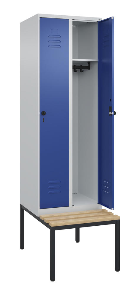 Garderoben-Stahlspind CLASSIC PLUS, mit Sitzbank | Enzianblau RAL 5010 | mit untergebauter Sitzbank, Holzleisten | Lichtgrau RAL 7035 | 300 | 2