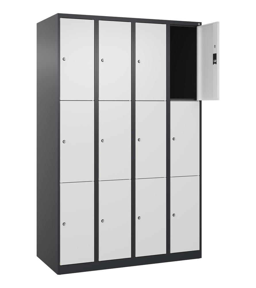 Schließfachschrank CLASSIC PLUS, bodenstehend | Verkehrsweiß RAL 9016 | Bodenstehend | Schwarzgrau RAL 7021 | 300 | 4 | 12