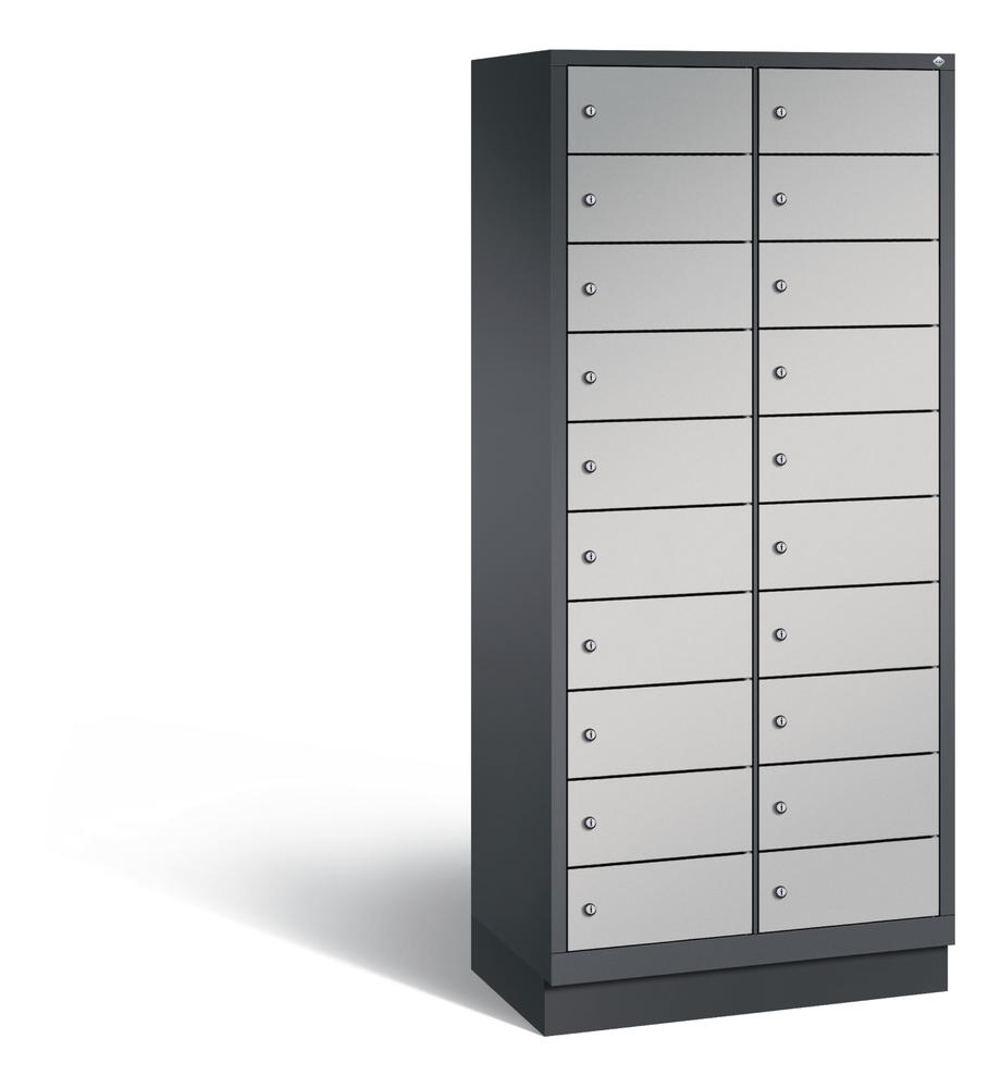 Laptopschrank, 2 x 10 Fächer | Alusilber RAL 9006 | mit Elektrifizierung | Schwarzgrau RAL 7021 | 20