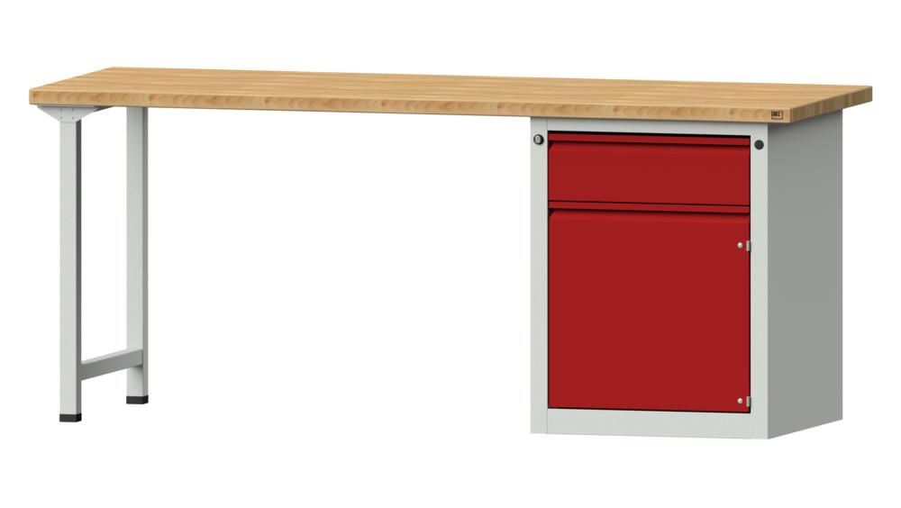 Werkbank SERIE ALLROUND | Karminrot RAL 3002 | 2000 | 1 Schublade, 1 Tür | Buche-Massiv-Arbeitsplatte