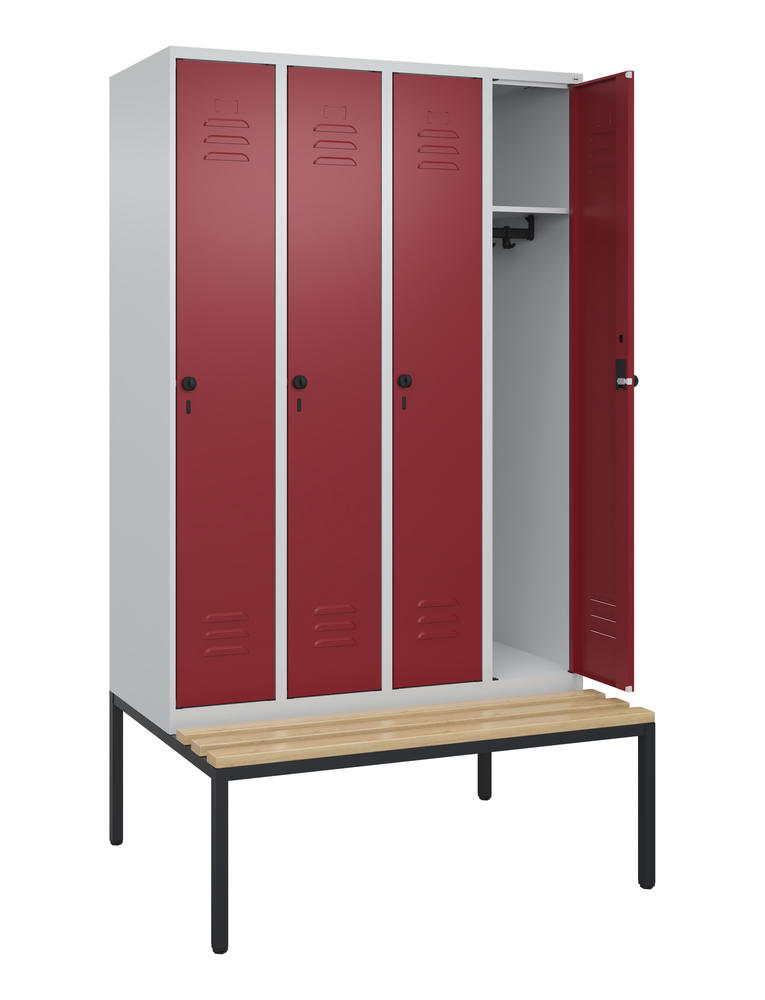 Garderoben-Stahlspind CLASSIC PLUS, mit Sitzbank | Rubinrot RAL 3003 | mit untergebauter Sitzbank, Holzleisten | Lichtgrau RAL 7035 | 300 | 4