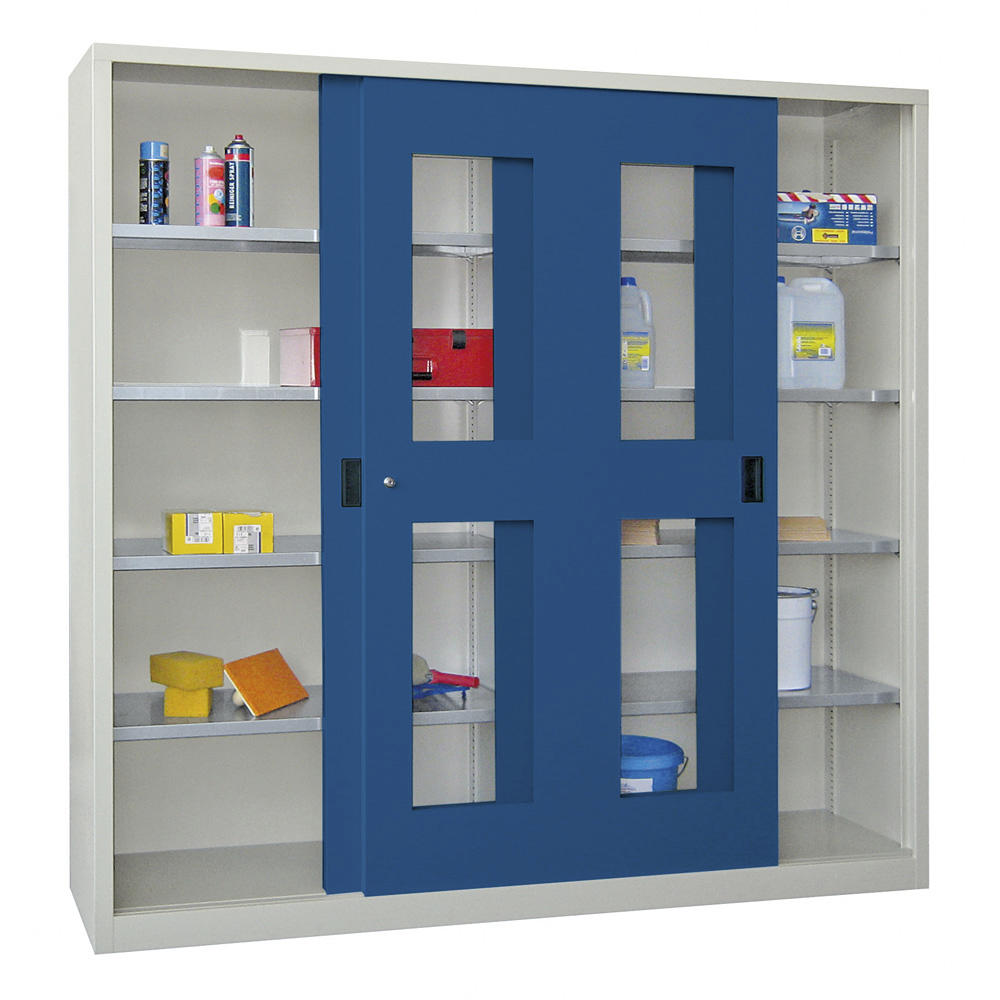 Schiebetüren-Stahlschrank SYSTEM FLEX | Enzianblau RAL 5010 | 2000 | 500 | mit Acrylglastüren