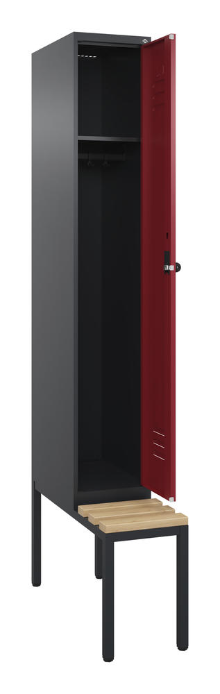 Garderoben-Stahlspind CLASSIC PLUS, mit Sitzbank | Rubinrot RAL 3003 | mit untergebauter Sitzbank, Holzleisten | Schwarzgrau RAL 7021 | 300 | 1
