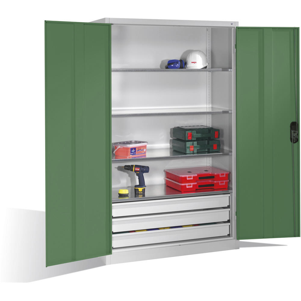 Flügeltüren-Stahlschrank SYSTEM TMF 110 | Resedagrün RAL 6011 | 1950 | 1200 | 600 | Schubladenblock unten