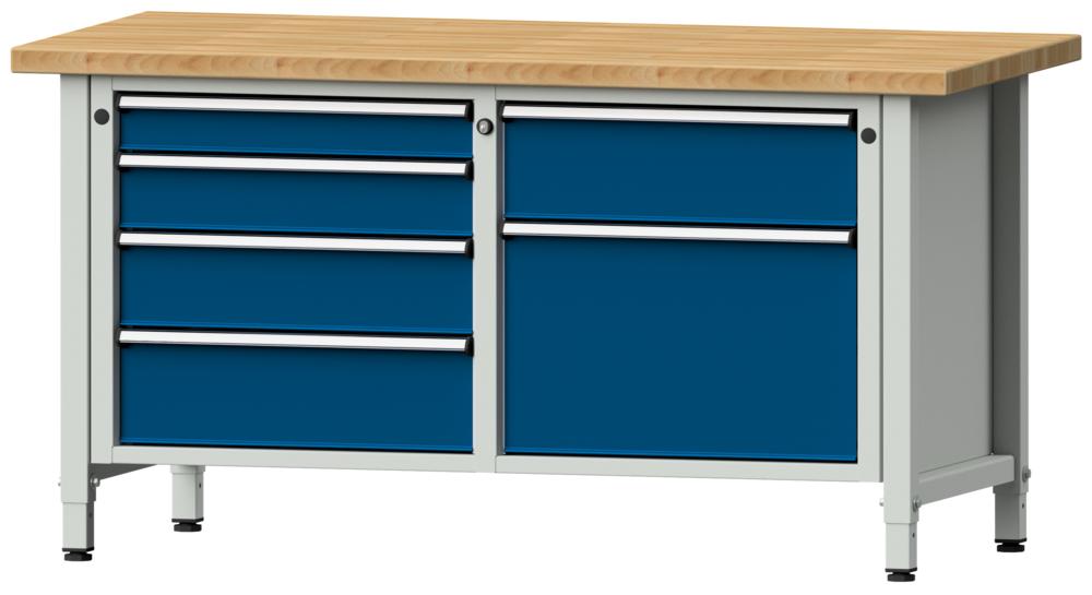 Werkbank SERIE ERGO | Enzianblau RAL 5010 | 5 Schubladen + 1 Tür | Buche-Massiv-Arbeitsplatte