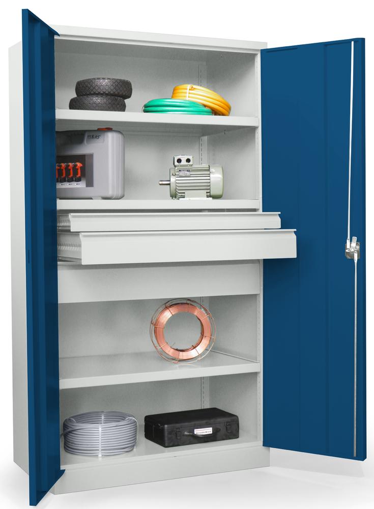Schwerlastschrank ohne Mitteltrennwand | Enzianblau RAL 5010 | 1040 | 3 Schubladen: 1xH75, 1xH125, 1xH175 mm