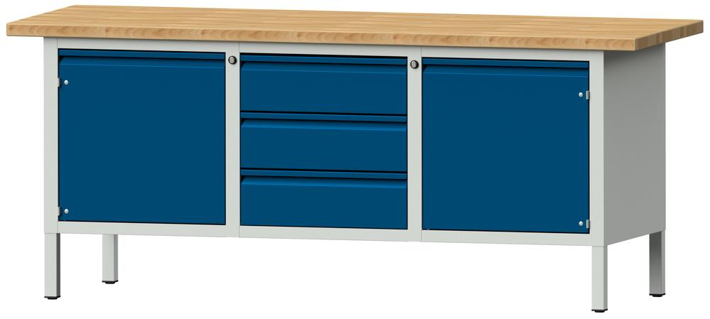 Werkbank SERIE ALLROUND | Enzianblau RAL 5010 | Buche-Massiv-Arbeitsplatte