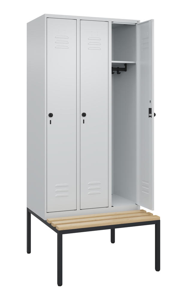 Garderoben-Stahlspind CLASSIC PLUS, mit Sitzbank | Lichtgrau RAL 7035 | mit untergebauter Sitzbank, Holzleisten | Lichtgrau RAL 7035 | 300 | 3