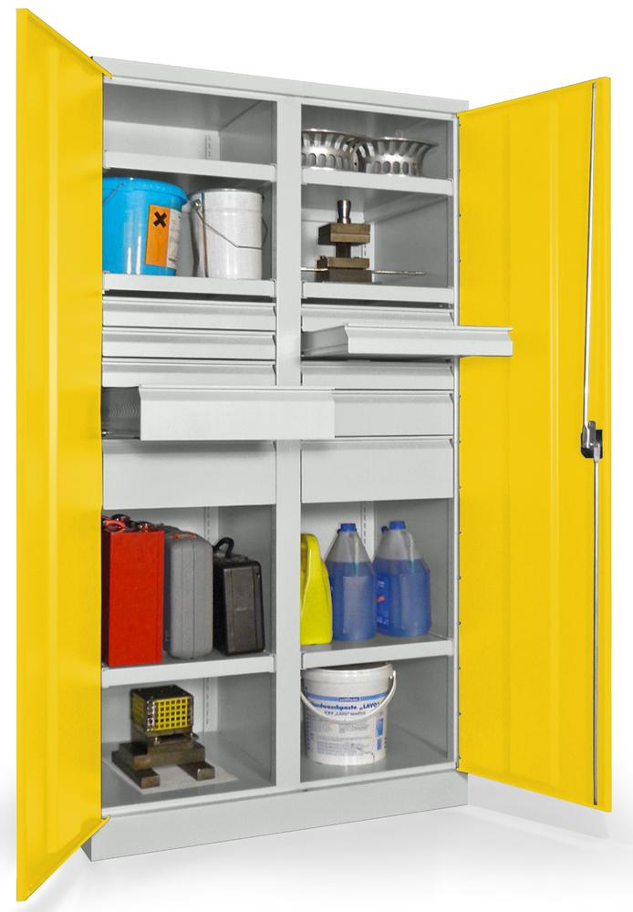 Schwerlastschrank mit Mitteltrennwand | Zinkgelb RAL 1018 | 1040 | 10 Schubladen: 6xH75, 2xH125, 2xH175 mm