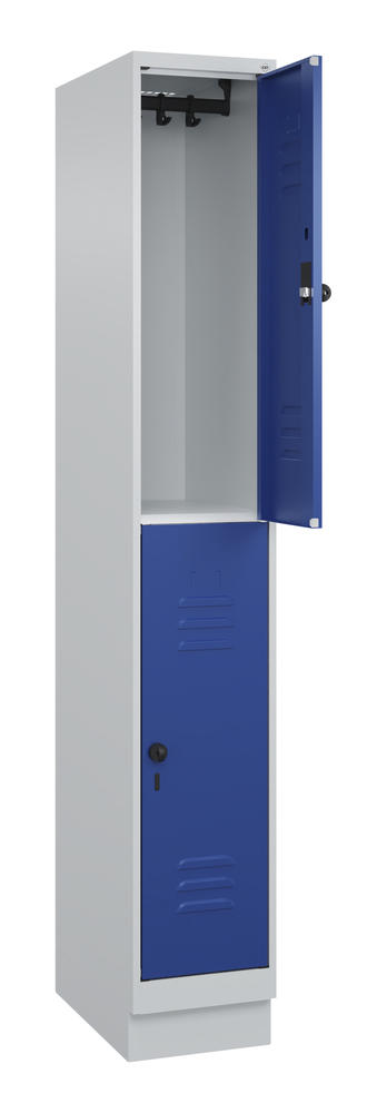 Doppelstöckiger Spind CLASSIC PLUS, mit Sockel | Enzianblau RAL 5010 | mit Sockel | Lichtgrau RAL 7035 | 300 | 1