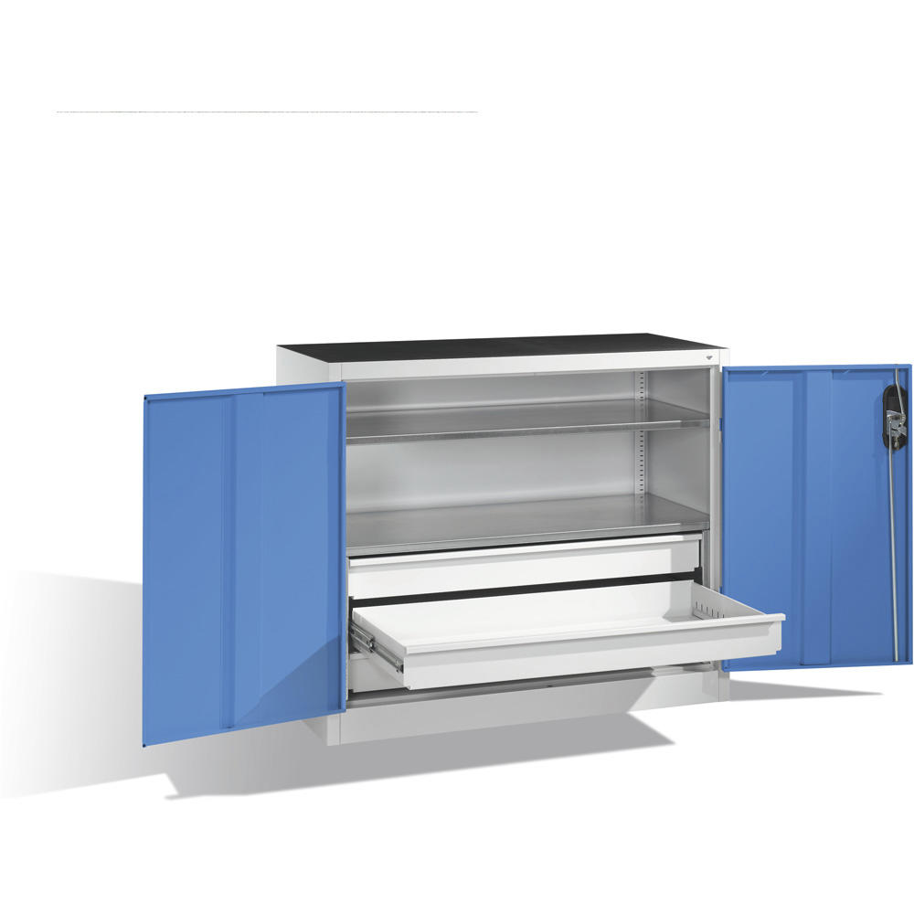 Flügeltüren-Stahlschrank SYSTEM TMF 110 | Lichtblau RAL 5012 | 1000 | 1200 | 500 | Schubladenblock unten