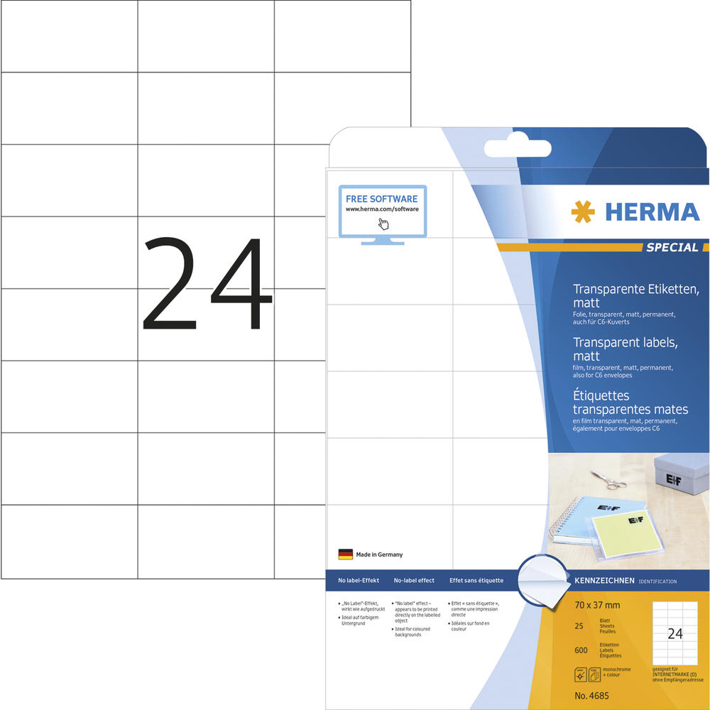 HERMA Etikett 4685 70x37mm Folie transparent 600