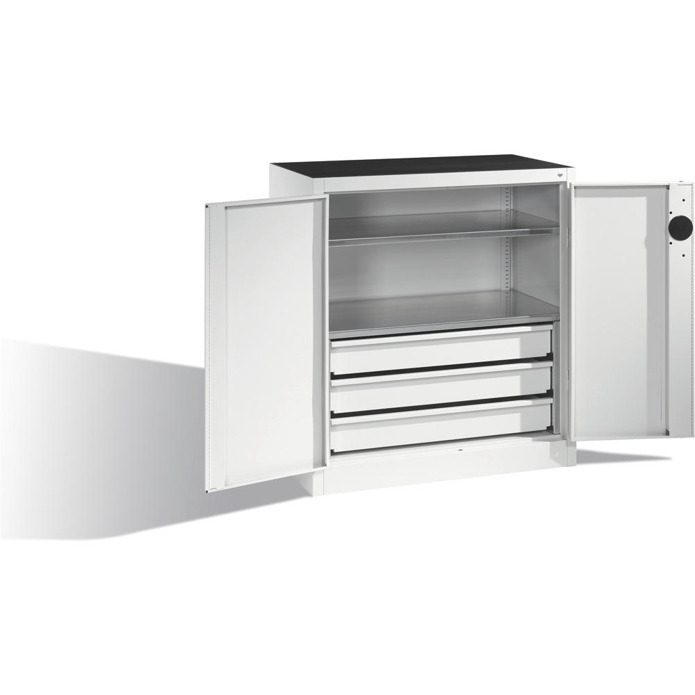 Flügeltüren-Stahlschrank SYSTEM TMF 110 | Lichtgrau RAL 7035 | 1000 | 930 | 500 | Schubladenblock unten
