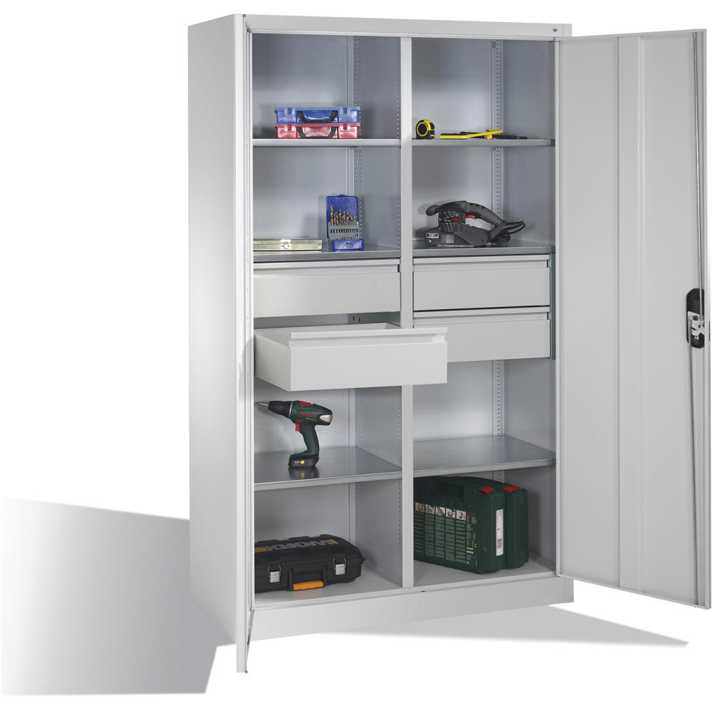 Flügeltüren-Stahlschrank SYSTEM ERGO-LOCK | Lichtgrau RAL 7035 | 1200 | links und rechts 3 Fachböden und 2 große Schubladen