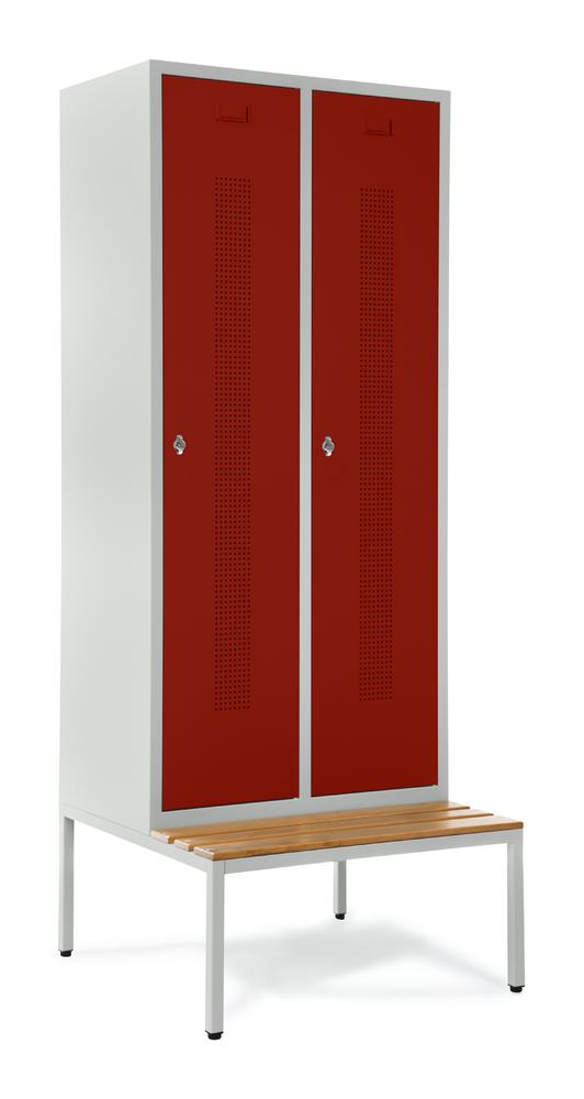 Garderobenspinde SYSTEM SP1 mit Sitzbank | Rubinrot RAL 3003 | mit untergebauter Sitzbank, Holzleisten | 400 | Drehriegelverschluss