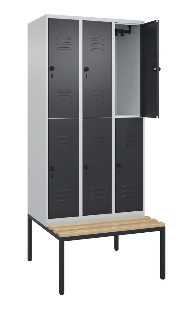Doppelstöckiger Spind CLASSIC PLUS, mit Sitzbank | Schwarzgrau RAL 7021 | mit untergebauter Sitzbank, Holzleisten | Lichtgrau RAL 7035 | 300 | 3