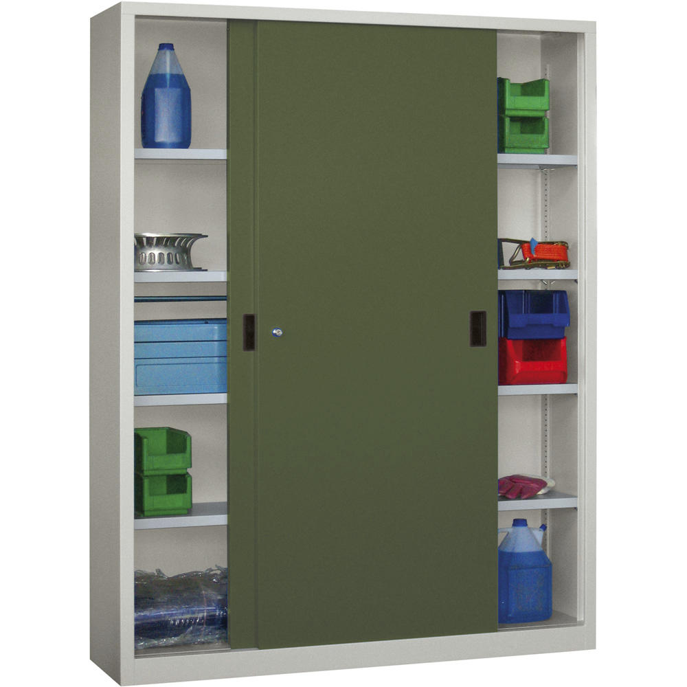 Schiebetüren-Stahlschrank SYSTEM FLEX | Resedagrün RAL 6011 | 1500 | 600 | mit Stahltüren