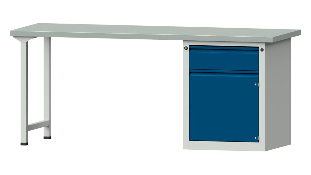 Werkbank SERIE ALLROUND | Enzianblau RAL 5010 | 2000 | 1 Schublade, 1 Tür | Stahlblechbelag-Platte
