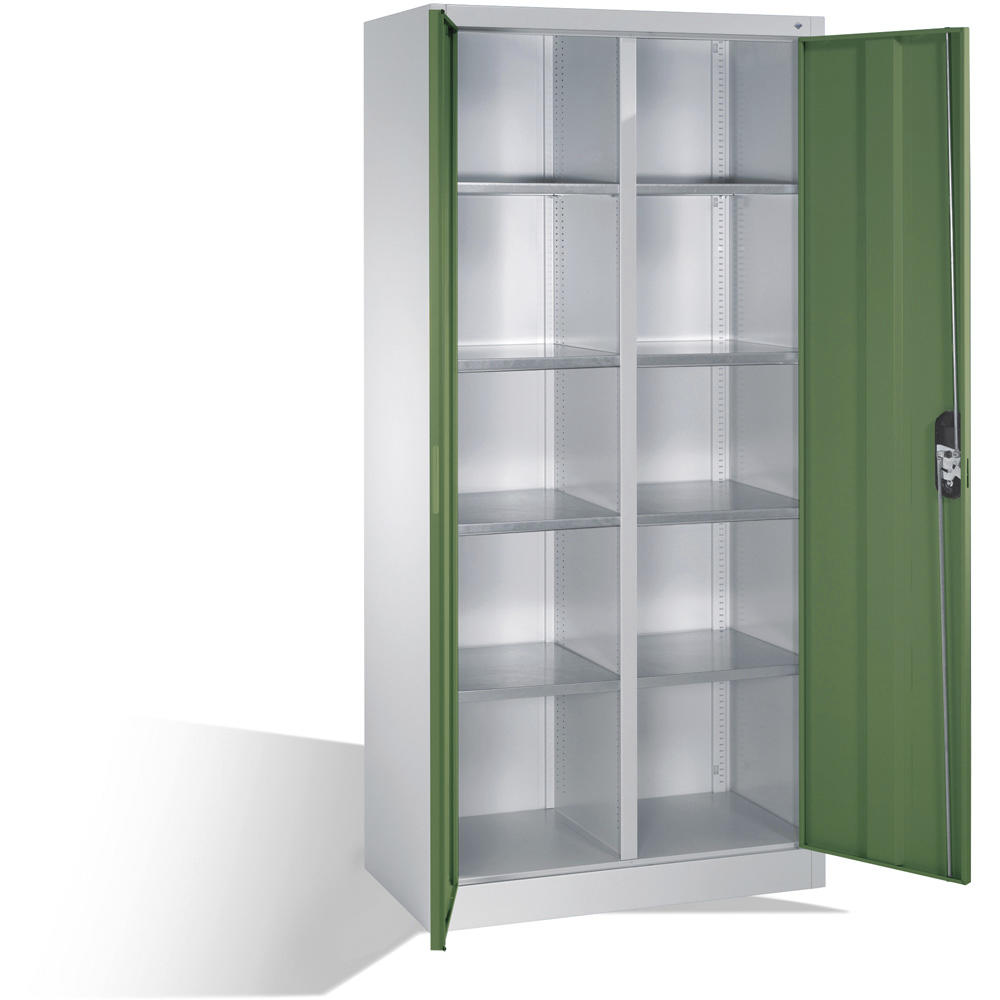 Flügeltüren-Stahlschrank SYSTEM ERGO-LOCK | Resedagrün RAL 6011 | 930 | links und rechts 4 Fachböden