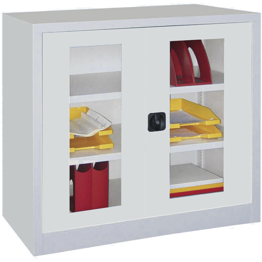 Materialschrank mit Sichtfenstertüren | Lichtgrau RAL 7035 | 1000 | 1000 | 500 | Lichtgrau RAL 7035