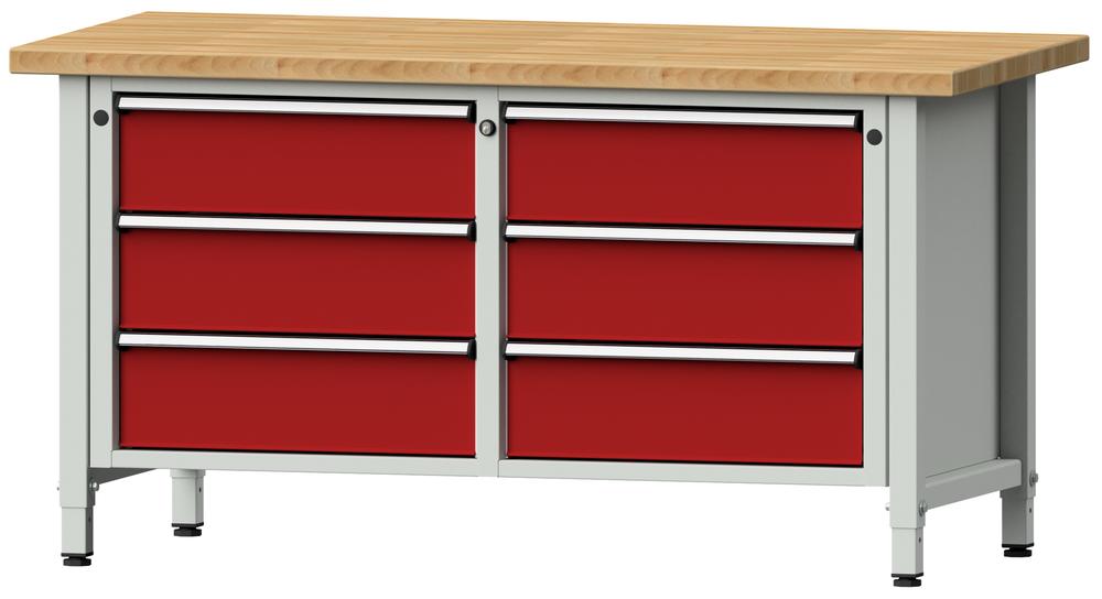 Werkbank SERIE ERGO | Karminrot RAL 3002 | 6 Schubladen | Buche-Massiv-Arbeitsplatte