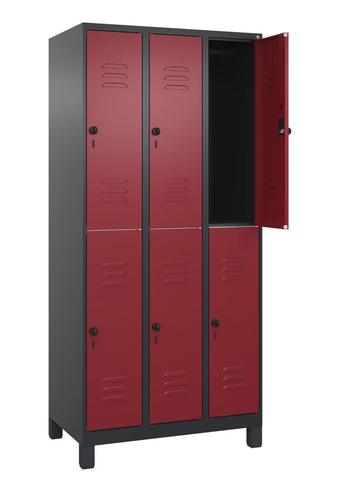 Doppelstöckiger Spind CLASSIC PLUS, mit Füßen | Rubinrot RAL 3003 | mit Füßen | Schwarzgrau RAL 7021 | 300 | 3