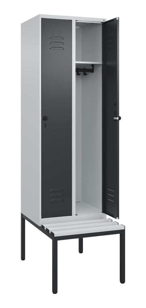 Garderoben-Stahlspind CLASSIC PLUS, mit Sitzbank | Schwarzgrau RAL 7021 | mit untergebauter Sitzbank, Kunststoffleisten | Lichtgrau RAL 7035 | 300 | 2