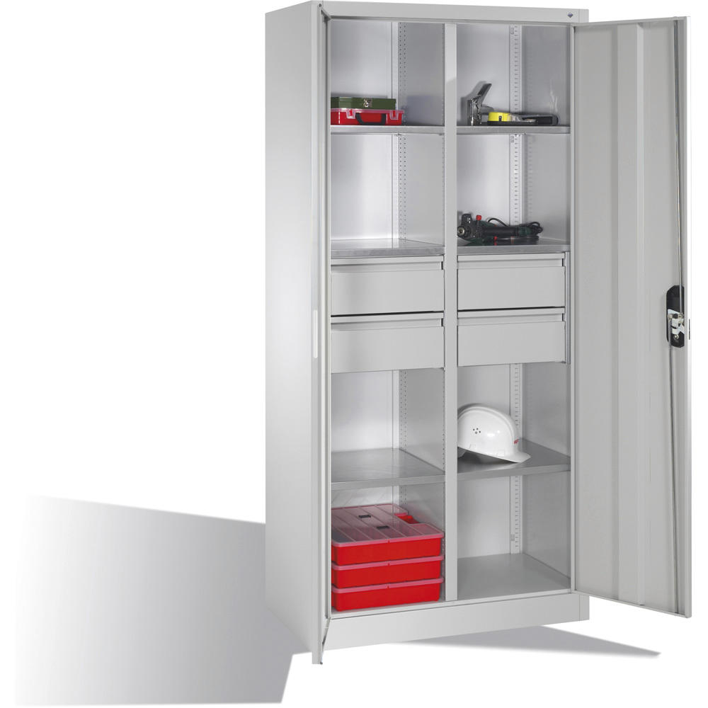 Flügeltüren-Stahlschrank SYSTEM ERGO-LOCK | Lichtgrau RAL 7035 | 930 | links und rechts 3 Fachböden und 2 große Schubladen
