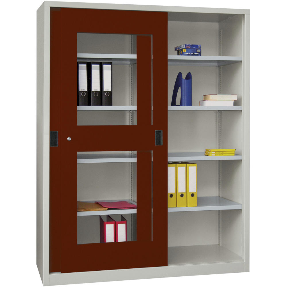 Schiebetüren-Stahlschrank SYSTEM FLEX | Rubinrot RAL 3003 | 1500 | 400 | mit Acrylglastüren