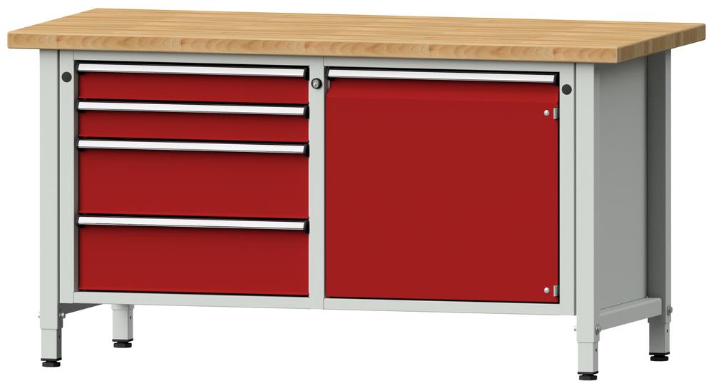 Werkbank SERIE ERGO | Lichtgrau RAL 7035 | 4 Schubladen + 1 Tür | Buche-Massiv-Arbeitsplatte