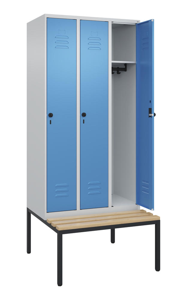 Garderoben-Stahlspind CLASSIC PLUS, mit Sitzbank | Lichtblau RAL 5012 | mit untergebauter Sitzbank, Holzleisten | Lichtgrau RAL 7035 | 300 | 3