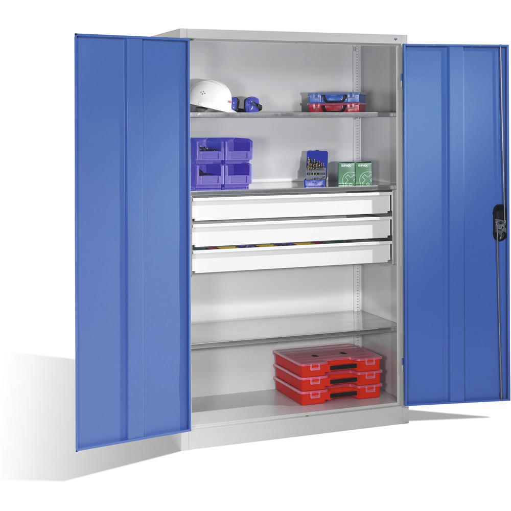 Flügeltüren-Stahlschrank SYSTEM TMF 110 | Lichtblau RAL 5012 | 1950 | 1200 | 600 | Schubladenblock mittig
