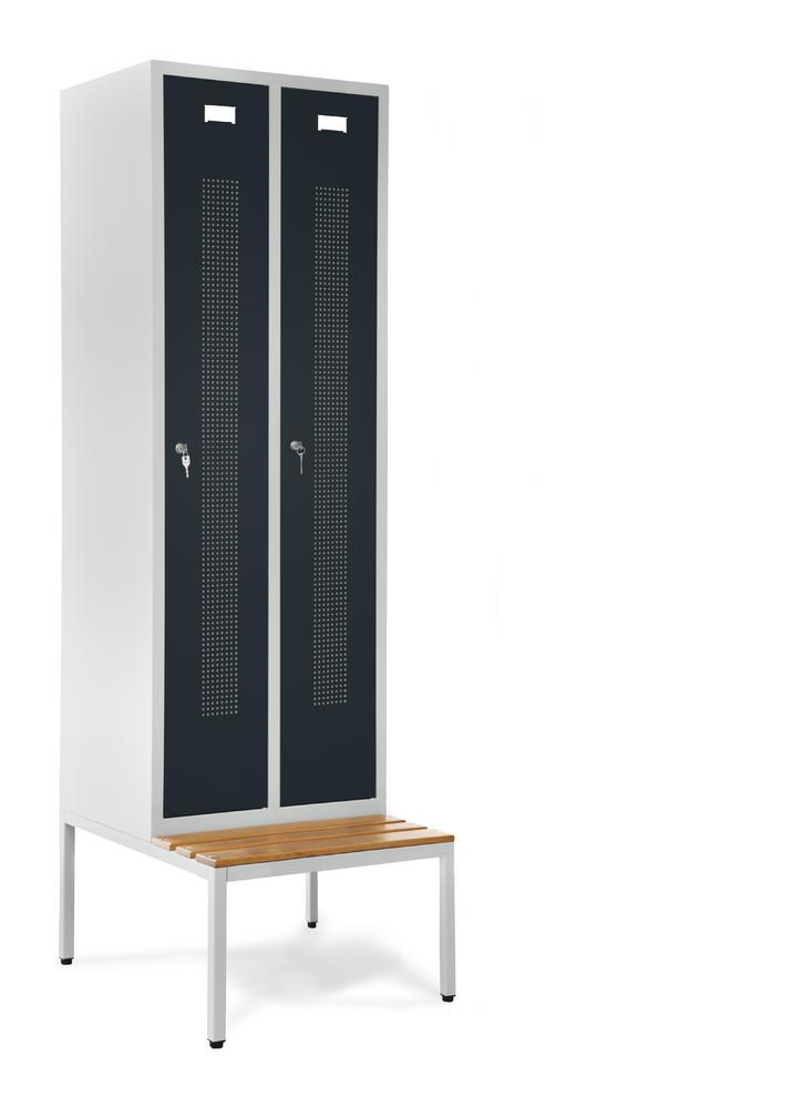Garderobenspinde SYSTEM SP1 mit Sitzbank | Anthrazit RAL 7021 | mit untergebauter Sitzbank, Holzleisten | 300 | Zylinderschloss