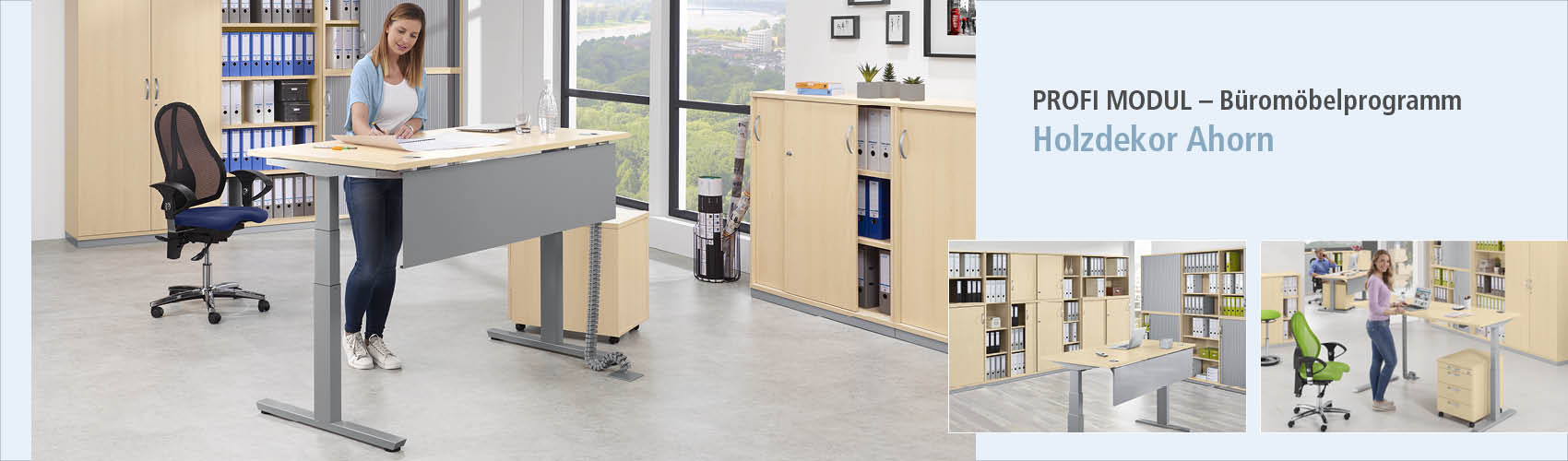 Frau steht an höhenverstellbarem Schreibtisch in Büro mit Ahorn-Dekor. Rechts Werbetext zum PROFI MODUL Holzdekor Ahorn