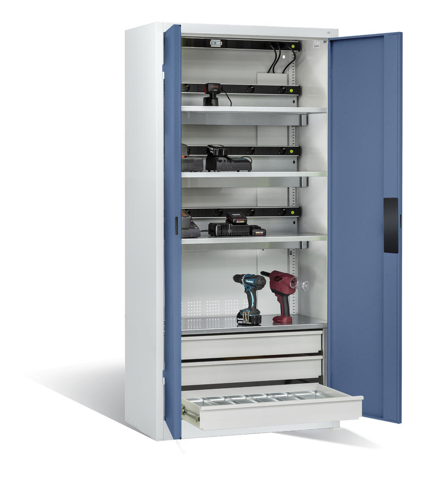 Akkuladeschrank Serie Comfort, Vollblechtüren | Fernblau RAL 5023 | Comfort, mit Schubladenblock | Vollblechtüren | Lichtgrau RAL 7035